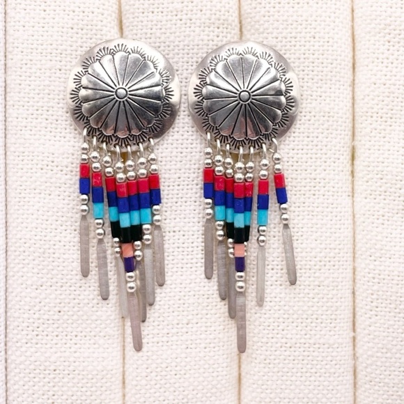 Native Jewelry - Vintage Sterling Silver Concho Fringe Earrings with Multi-Color Beads